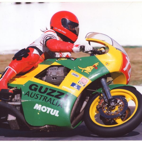 This is the first Magni Australia. Built by Australian Guzzi importer Ted Stolarski with help from Arturo Magni and the Guzzi Factory. This bike was first raced in 1990. It must have had one of the very first 4V engines from the Guzzi Factory. Magni later released the Magni Australia paying homage to Teds Race Bike. These photos were taken. In 1993 at the iconic Mount Panorama Racing Circuit in my home town of Bathurst Australia. This bike still lives in Australia and is regularly ridden. The Pilot in these shots is Wayne Gow. A well known Aussie racer that is still competing in classic racing on a V7 sport (1972). Wayne is known for his competitive nature and his versatility. This year at the International festival of Speed I saw him step off his Guzzi and straight onto a TZ 750 that someone asked him to race. How does one adjust his head to make that leap?
