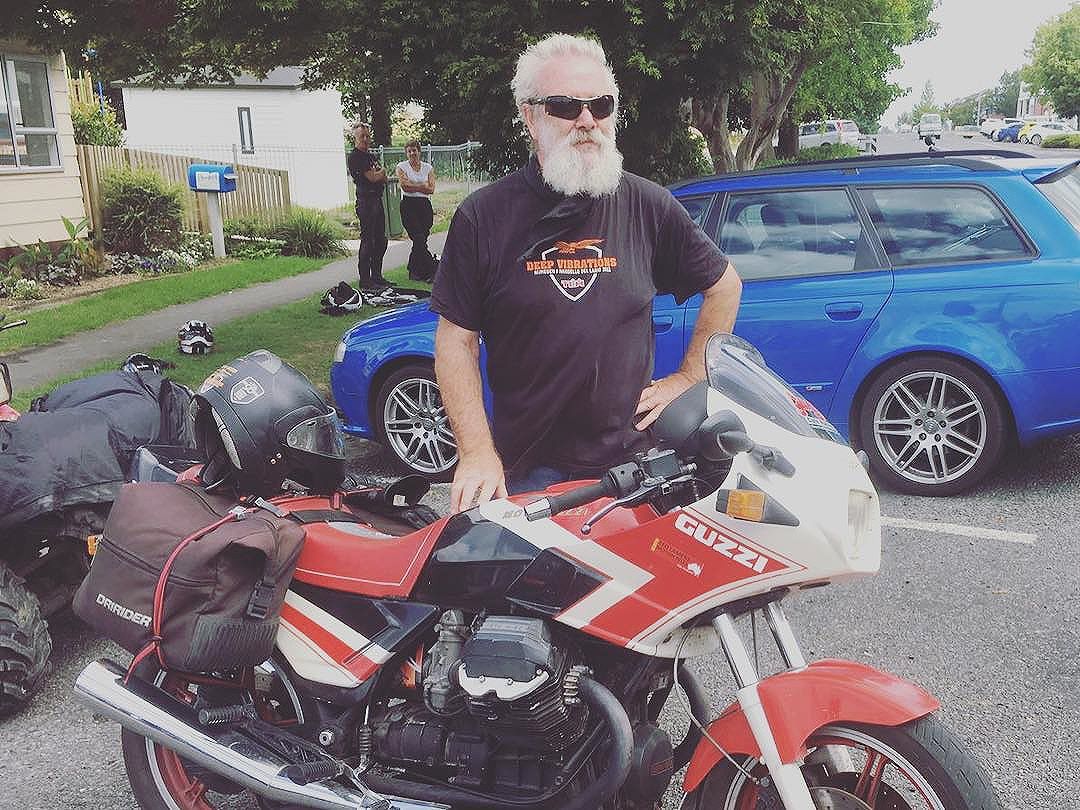 The world famous Guzzi man Teo Lamers spotted in New Zealand on tour. What a cool dude #motoguzzi #guzziraceraus @teolamers