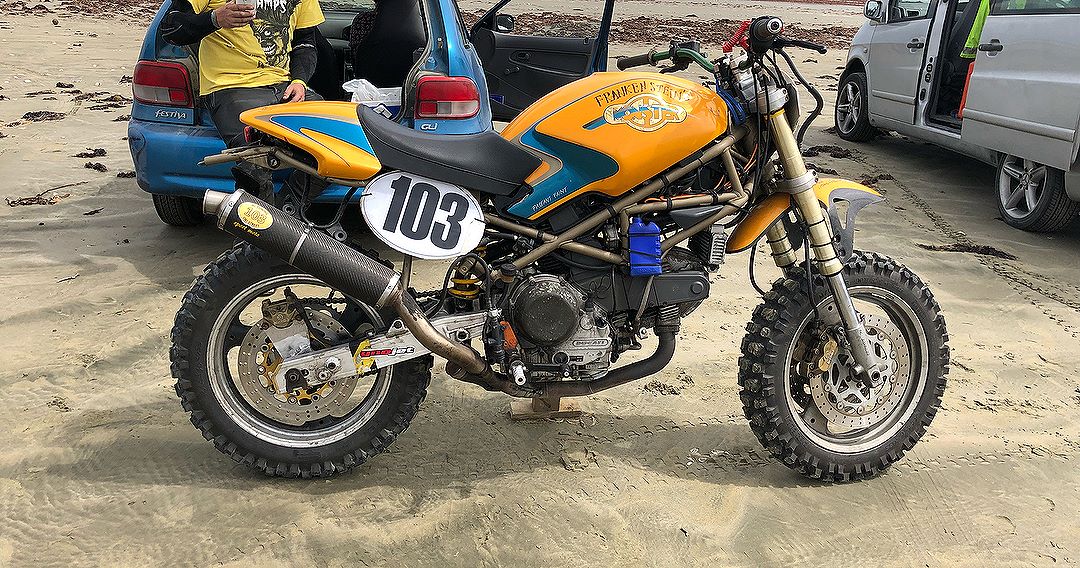 Beach racing at the Burt Munro Festival. My favourite bike wes the Ducati (only Italian entry), however maybe I jinxed him as you can see in the second photo the bike caught fire and was destroyed. Huge crowds turned out to watch. #motoguzzi #guzziraceraus #burtmunrochallenge