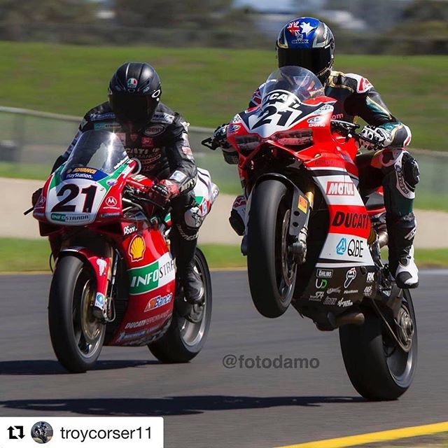 The two Troys on Ducati’s horsing around yesterday at Interfos #Repost @troycorser11
Regrann from @fotodamo - @baylisstic21 and @troycorser11 having fun at the International Festival of Speed at Sydney Motorsport Park #interfos #interfos2018 #superbikes #motorcycle