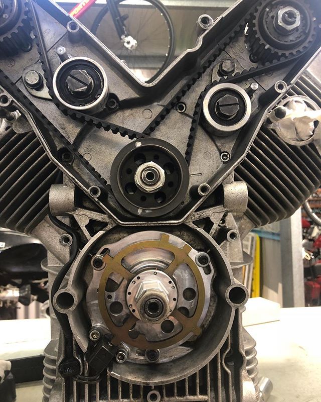 Finishing touches to a new race motor. Had to take the angle grinder to the engine casing to get the ignition ( total loss) to fit. This is a race version. The previous road version (unbalanced) caused my crank to snap. #guzziraceraus #motoguzziDaytona #motoguzzi
