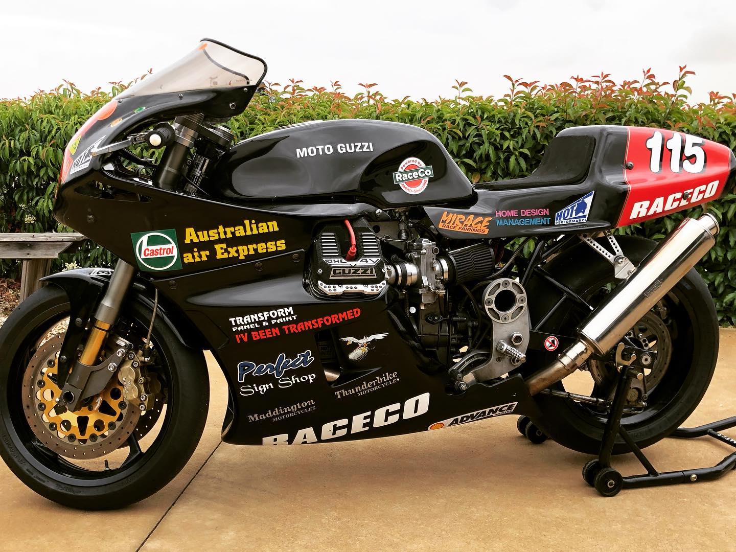 The Moto Guzzi RaceCo Daytona 1288 is back together again after some engine surgery. Turns out the engine fault at the Aussie Historic titles was a rear main oil seal. We have never heard of this type of failure before. This wonderful motorcycle has raced hard all season and is going to get a rest next year while we develop the new RaceCo 1225. It’s going to be hard to leave it in the shed as I think this engine is much better than the 1225. We have just  refitted the original full race fairing. We have not run the bike with this fairing before. It would be a big improvement at Phillip island. I think the fairing is very rare. I met a guy in Western Australia who has the identical fairing on his Daytona. He sent me a magazine article from the US about a Daytona that also had this fairing fitted. So there is at least 3. If anybody out there knows anything about where it came from please let us know.